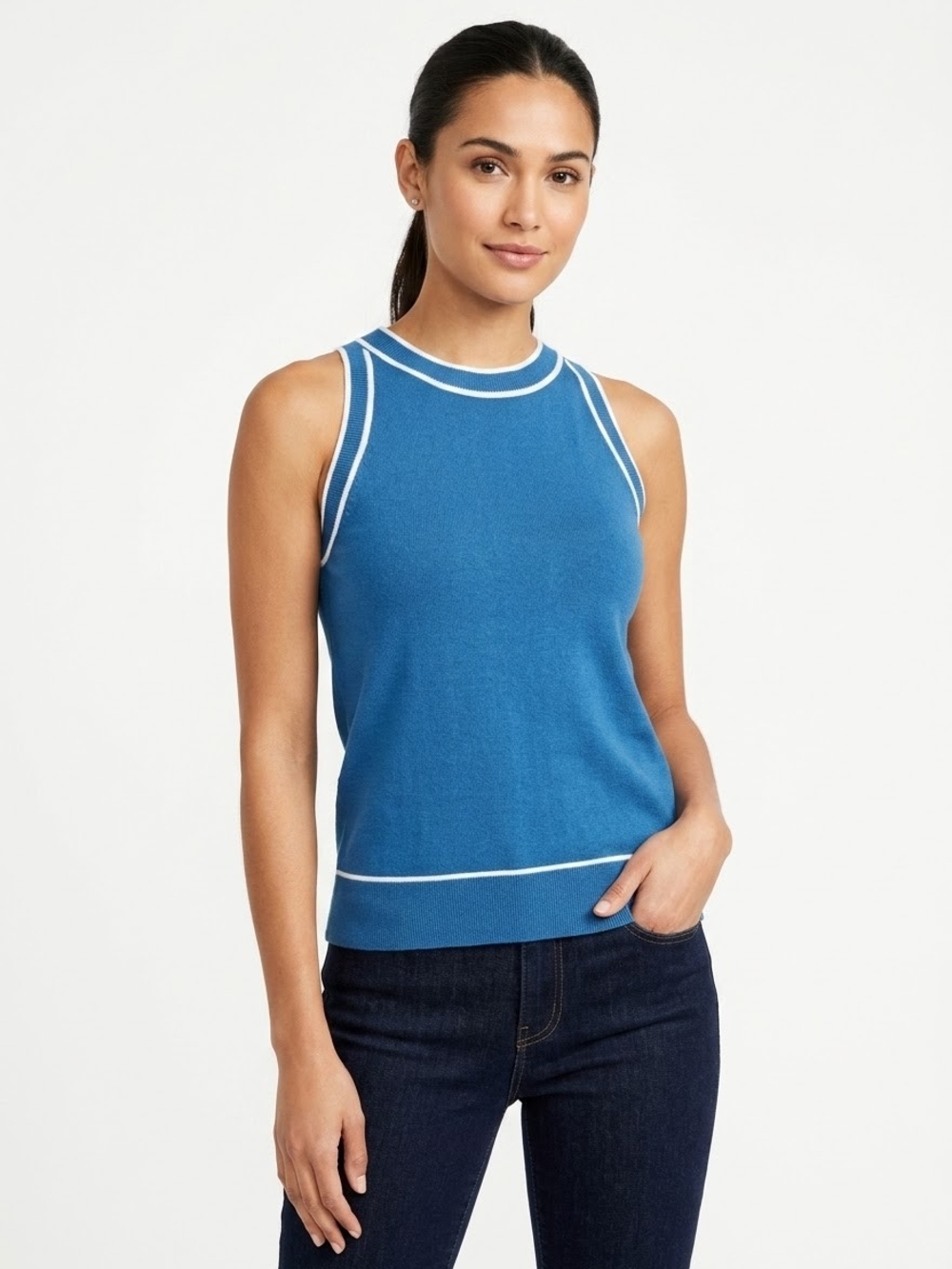 Miholl Sleeveless Blue Knit Tank with White Trim Size S